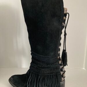 Black Fringe Knee-High Boots